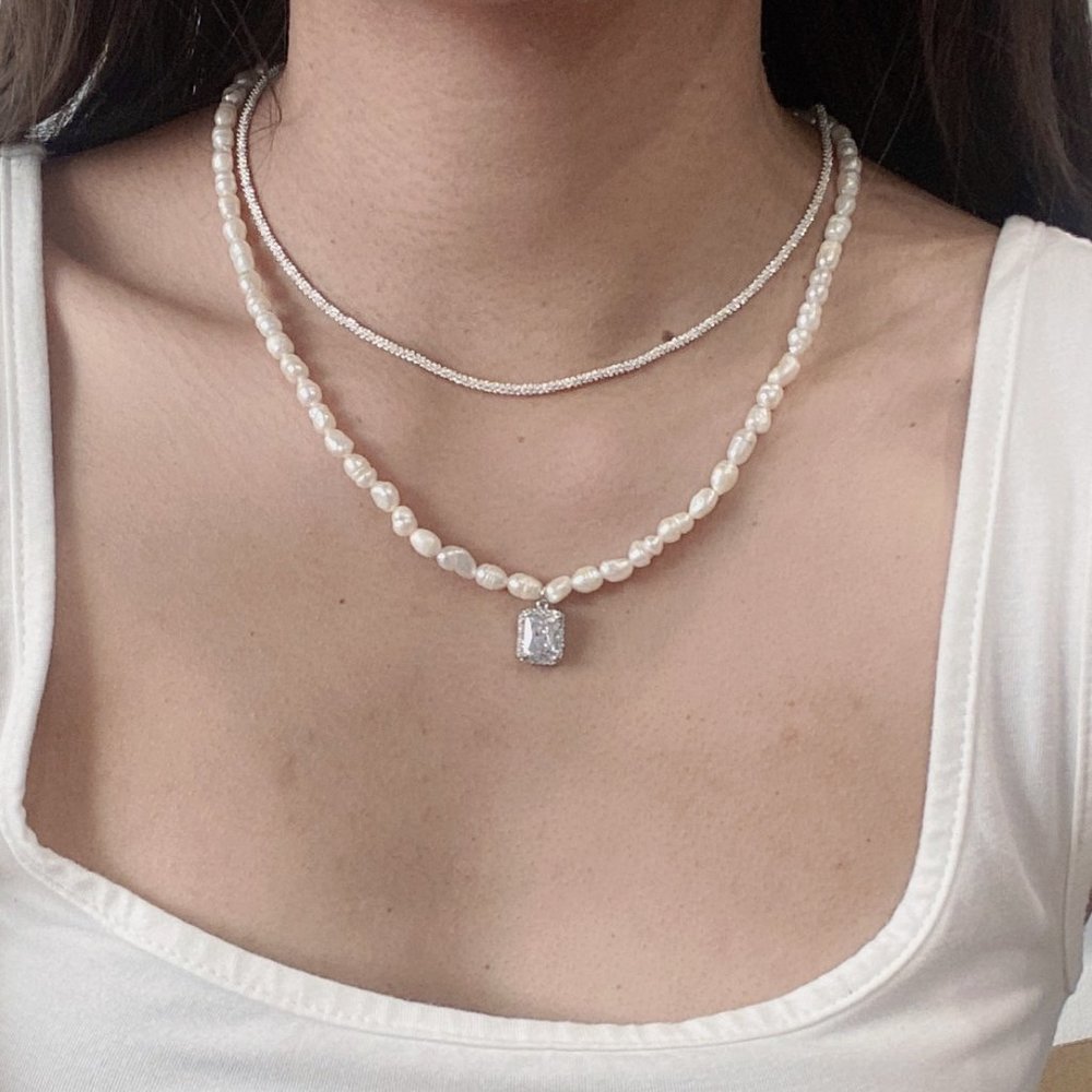 925 Sterling Shiny Chain Double Layer with Pearl Retro Style Choker Jew